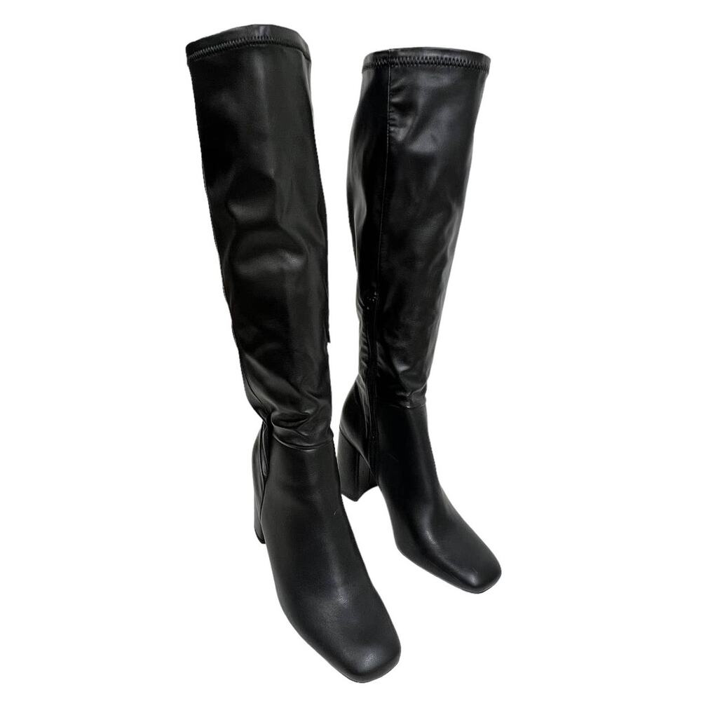 Steve Madden Lizah Knee High Boots Black Faux Leather Block Heel 9.5M